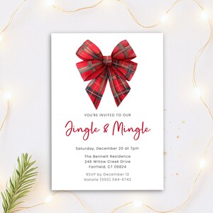 May include: A white invitation card featuring a red plaid bow illustration. The text reads "Jingle & Mingle" and includes event details: date, time, location, and RSVP information. The card has a festive holiday theme.