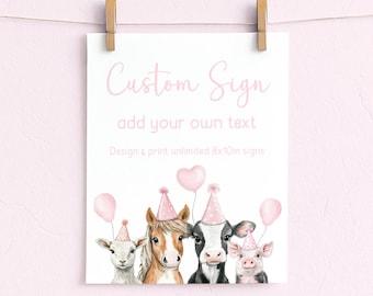 Pink Farm Party Sign Printable, Custom Sign for Girl Farm Theme Birthday, Editable Digital Template 8x10