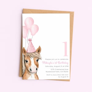 May include: A birthday invitation featuring a watercolor illustration of a horse wearing a party hat and holding pink balloons. The invitation includes the text "Mikayla's 1st Birthday" and event details.