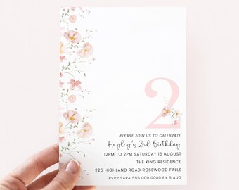 May include: Pink floral birthday invitation with a large pink number 2, the text "Hayley's 2nd Birthday", and details for the party, including the date, time, location, and RSVP information.