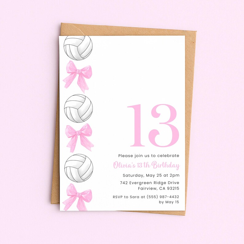 Volleyball Birthday Invitation, Editable Girl Volleyball Invite, Pink Bow Volleyball Party Invitation image 3