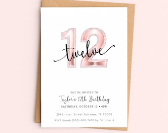 Rose Gold 12th Birthday Invitation Girl, Digital Template