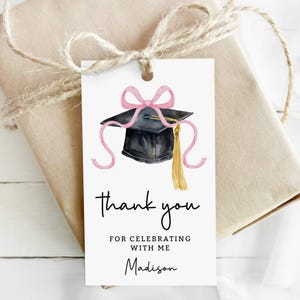 Graduation Thank You Favor Tag Pink Bow, bearbeitbare Abschlussfeier Danke Geschenkanhänger zum Ausdrucken, Abschlussfeier Tag für Gastgeschenke, Grad Party Tag