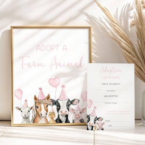 Adoptez un signe de faveur pour les animaux de la ferme, téléchargement immédiat certificat d'adoption d'animaux pour les cadeaux d'anniversaire de la ferme, décoration de fête à la ferme rose