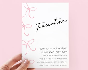 Kokette 14. Geburtstagseinladung für Mädchen Digital Download Rosa Bogen Einladung Bearbeitbar, Bogen Geburtstag einladen Mädchen, Text einladen Vorlage, 14