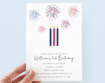 Convite de 3º aniversário de 4 de julho, convite editável de aniversário de 4 de julho para menino da terceira festa de aniversário, convite vermelho, branco e azul para menina