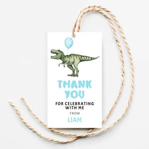 Dinosaur Birthday Favor Tag, Editable T-Rex Gift Tag Boy, Blue Dinosaur Thank You Tag Digital, Dino Birthday Tag for Birthday Party Bag