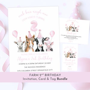 Faire-part 2e anniversaire de fille à la ferme, lot d'invitations à une fête à la ferme rose modifiable, carte de remerciement animal de la ferme et lot d'étiquettes de cadeau pour fille de 2 ans