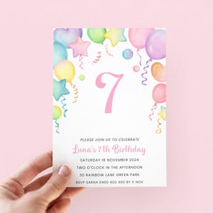 Pastel 7th Birthday Invitation, Editable Rainbow 7th Birthday Invite Girl, Pastel Balloons Birthday Invitation for 7 Year Old Birthday Party