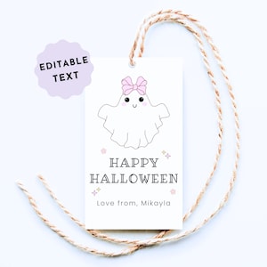 Happy Halloween Tag, Editable Pastel Halloween Treat Tags, Cute Halloween Gift Tag for Kids, Girl Ghost Tag Printable Template, Cookie Tag