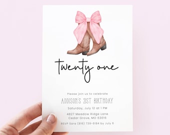Cowgirl Birthday Invitation 21st, Pink Bow Rodeo Party Invite for 21 Year Old Girl