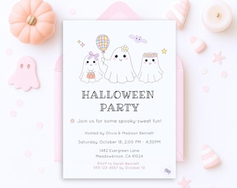 Halloween Party Invitation, Editable Pastel Halloween Party Invite for Kids, Girly Halloween Invitation Digital, Cute Ghost Invite