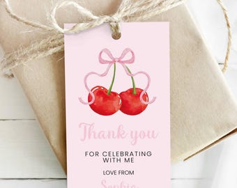 Cherry Thank You Tag, Editable Cherry Favor Tag, Cherry Gift Tag Pink Bow and Cherries Party Favor Tag, Preppy Cherry Bow Tag for Party Bags