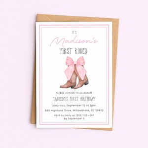 First Rodeo Birthday Invitation Girl, Pink Bow Cowgirl Invite for 1st Birthday Party, Digital Template
