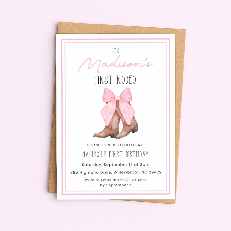 First Rodeo Birthday Invitation Girl, Pink Bow Cowgirl Invite for 1st Birthday Party, Digital Template