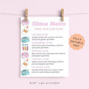 Enseigne de menu Slime, enseigne Slime modifiable pour filles, modèle d'enseigne imprimable Slime Station, décorations Slime pour fête d'anniversaire, fête Slime