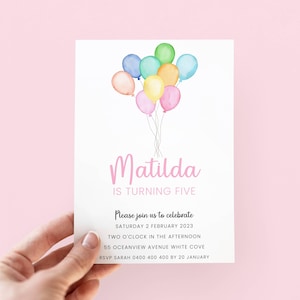 Pastel Rainbow Invitation for Girls DIGITAL DOWNLOAD, Birthday Balloons Cute Birthday Invite for Kids EDITABLE, Girly Birthday Evite, Text