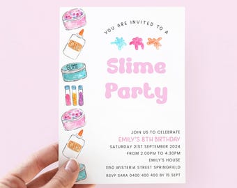 Zaproszenie na imprezę urodzinową Slime Party, edytowalne zaproszenie dla dziewczyny z różowym slime, wersja cyfrowa