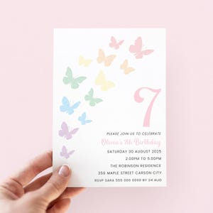 Butterfly 7th Birthday Invitation, Editable Girl 7th Birthday Invite Pastel Butterfly Invitation for 7 Birthday Party, Rainbow Butterflies