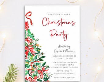 May include: A white Christmas party invitation with red text and a watercolor Christmas tree design. The invitation includes the text "Christmas Party" and details for the event, hosted by Sophie & Michael.
