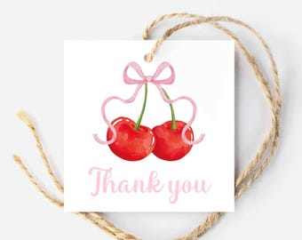 Cherry Thank You Tag, Instant Download Pink Bow and Cherries Party Favor Tag Printable, Coquette Cherry Tag for Baby Shower & Birthday Party