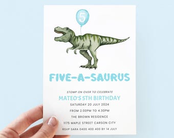 Invitación de cumpleaños de dinosaurios para el 5.º cumpleaños, invitación azul para fiesta de dinosaurios, descarga digital.