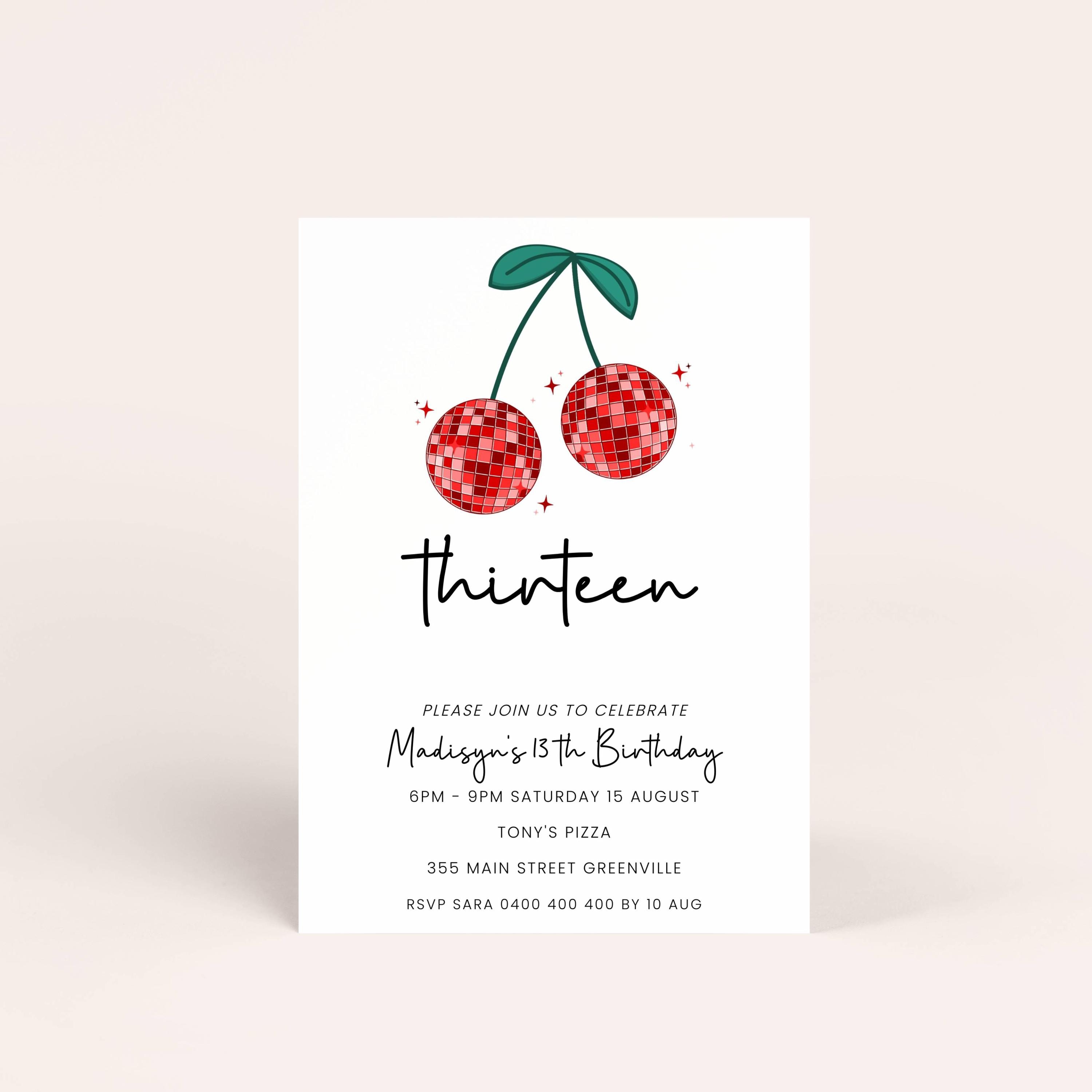 13th Birthday Invitation Cherry Birthday Invite Girl, Editable Red