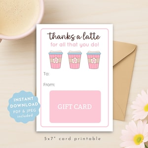 Thanks a Latte Gift Card Holder, Cute Coffee Gift Card Holder, Teacher Appreciation Printable, Instant Download Staff Thank You Tags, Team