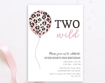 Two Wild Birthday Invitation Girl, Editable Girl Two Wild Invitation Pink, Safari 2nd Birthday Invite, Leopard Party Invite for 2 Year Old