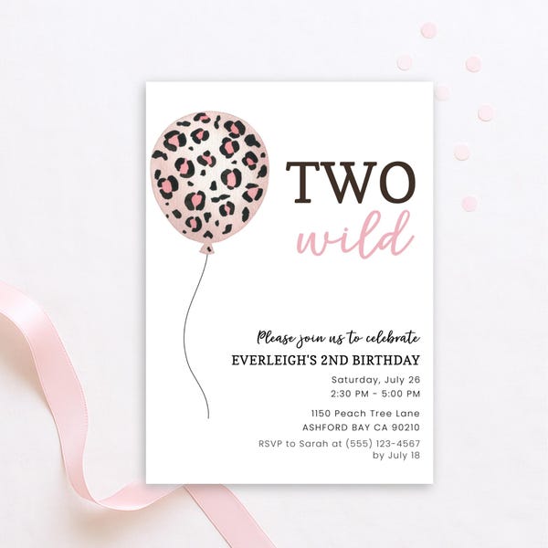 Two Wild Birthday Invitation Girl, Editable Girl Two Wild Invitation Pink, Safari 2nd Birthday Invite, Leopard Party Invite for 2 Year Old