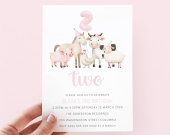 Pink Farm 2nd Birthday Invitation, Editable Girl Farm Birthday Invite 2, Girl Farm Animal Birthday Invitation for Second Birthday Party, Two