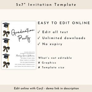 Op de afbeelding: Een witte 12,7 x 17,8 cm afstudeerfeest uitnodigingssjabloon. Het ontwerp bevat zwarte afstudeerpetten en strikken, met de woorden "Graduation Party" in script. De uitnodigingsdetails zijn ook inbegrepen.