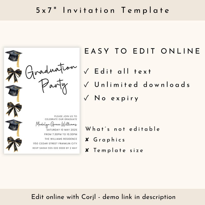 Op de afbeelding: Een witte 12,7 x 17,8 cm afstudeerfeest uitnodigingssjabloon. Het ontwerp bevat zwarte afstudeerpetten en strikken, met de woorden "Graduation Party" in script. De uitnodigingsdetails zijn ook inbegrepen.