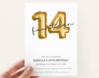 Goldene Einladung zum 14. Geburtstag für Mädchen, digitaler Download