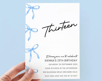 Uitnodiging voor een 13e verjaardag van een meisje met een blauwe strik, digitale download