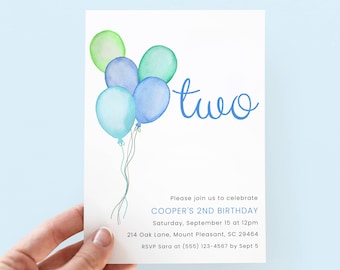 Blue and Green 2nd Birthday Invitation Boy, Editable Balloons Second Birthday Invite Kids Party