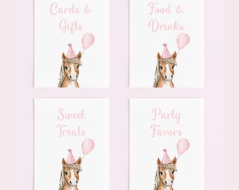 Pink Horse Birthday Party Sign Printable, Set of 4 Signs Instant Download