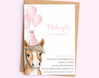 Horse Birthday Invitation Girl, Pink Pony Party Invite, Digital Template