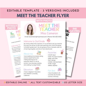 Plantilla editable para conocer al maestro en colores pastel, carta de presentación para el regreso a clases, folleto imprimible para la noche de padres, folleto para jornada de puertas abiertas