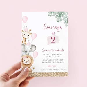 Mädchen-Safari-Geburtstags-Einladung bearbeitbar, rosa Safari laden mit Giraffe-Elefant-Löwe ein, Dschungel-Thema-Geburtstags-Party einladen, Safari-Tier