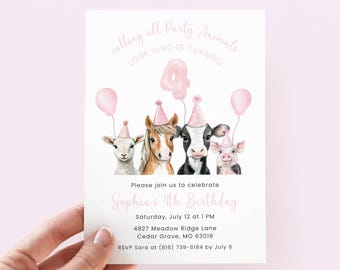 Pink Farm Invitation Girl 4, Editable Farm Animal 4th Birthday Party Invite, Digital Template