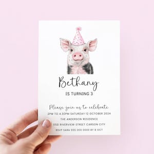 Pig Birthday Invitation Girl, Piglet Birthday Invite Editable, Cute Pig Invitation for Girl Birthday Party, Pig Party Invitation, Pink Farm
