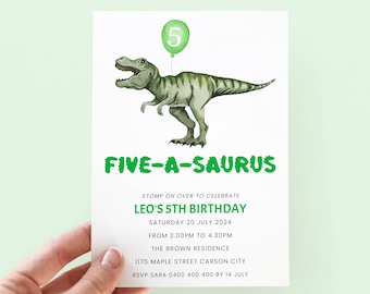 Dinosaur Birthday Invitation 5th Birthday, Green Dino Party Invite 5, Digital Download