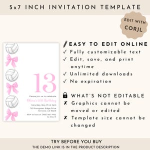 Volleyball Birthday Invitation, Editable Girl Volleyball Invite, Pink Bow Volleyball Party Invitation image 6