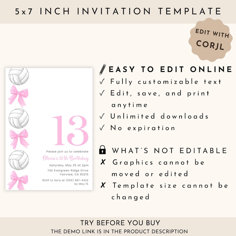 Volleyball Birthday Invitation, Editable Girl Volleyball Invite, Pink Bow Volleyball Party Invitation image 6