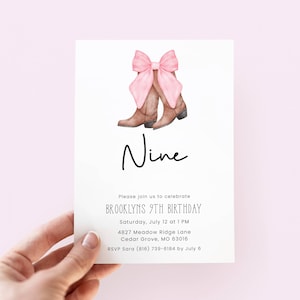 Cowgirl Birthday Invitation 9th, Pink Bow Rodeo Party Invite for 9 Year Old Girl
