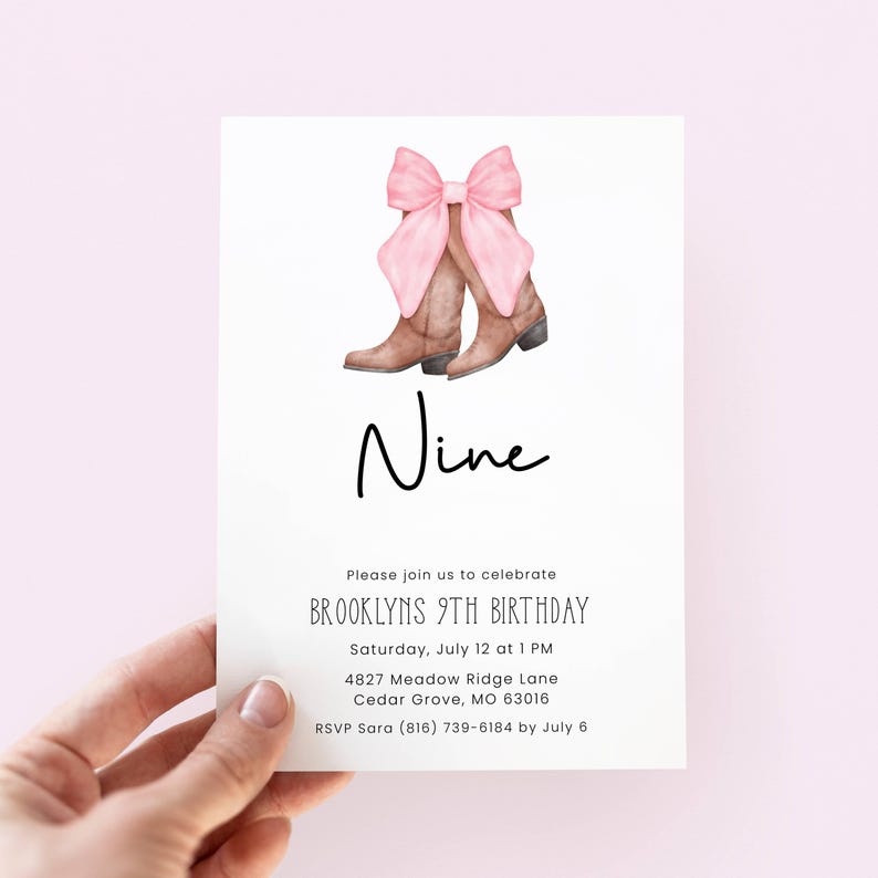 Cowgirl Birthday Invitation 9th, Pink Bow Rodeo Party Invite for 9 Year Old Girl