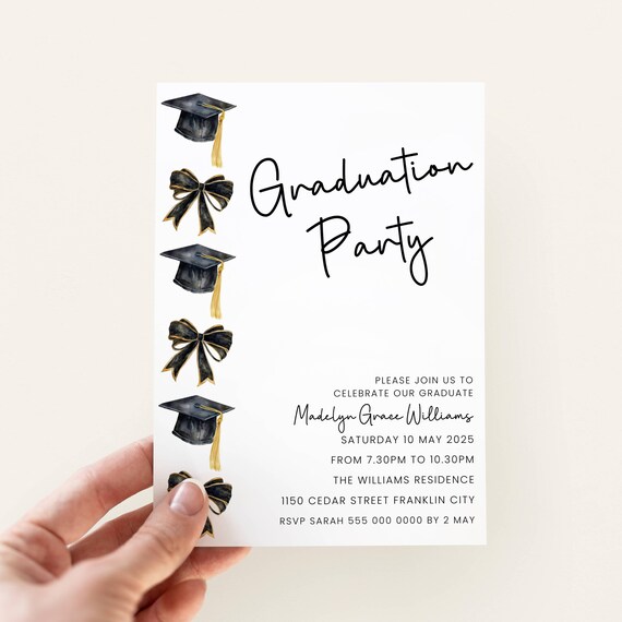 Graduation Invitation Black Bow, Editable Grad Party Invite Girl 2026