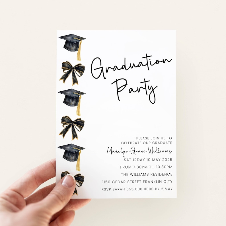 Graduation Invitation Black Bow, Editable Grad Party Invite Girl 2026