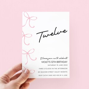 Pink Bow 12th Birthday Invitation Girl, Editable Birthday Invite Girl 12, Coquette Birthday Invitation Template, Twelve Birthday Party